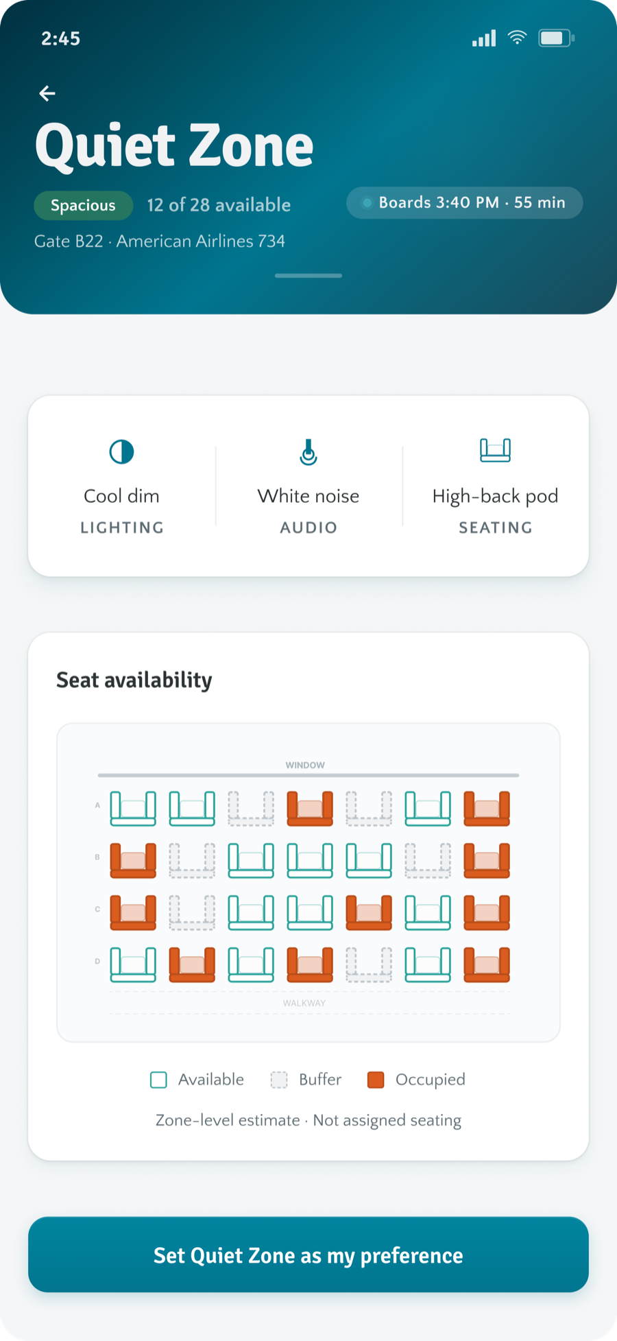 Quiet Zone detail with ambient features, a seat availability map, and a set-as-preference button